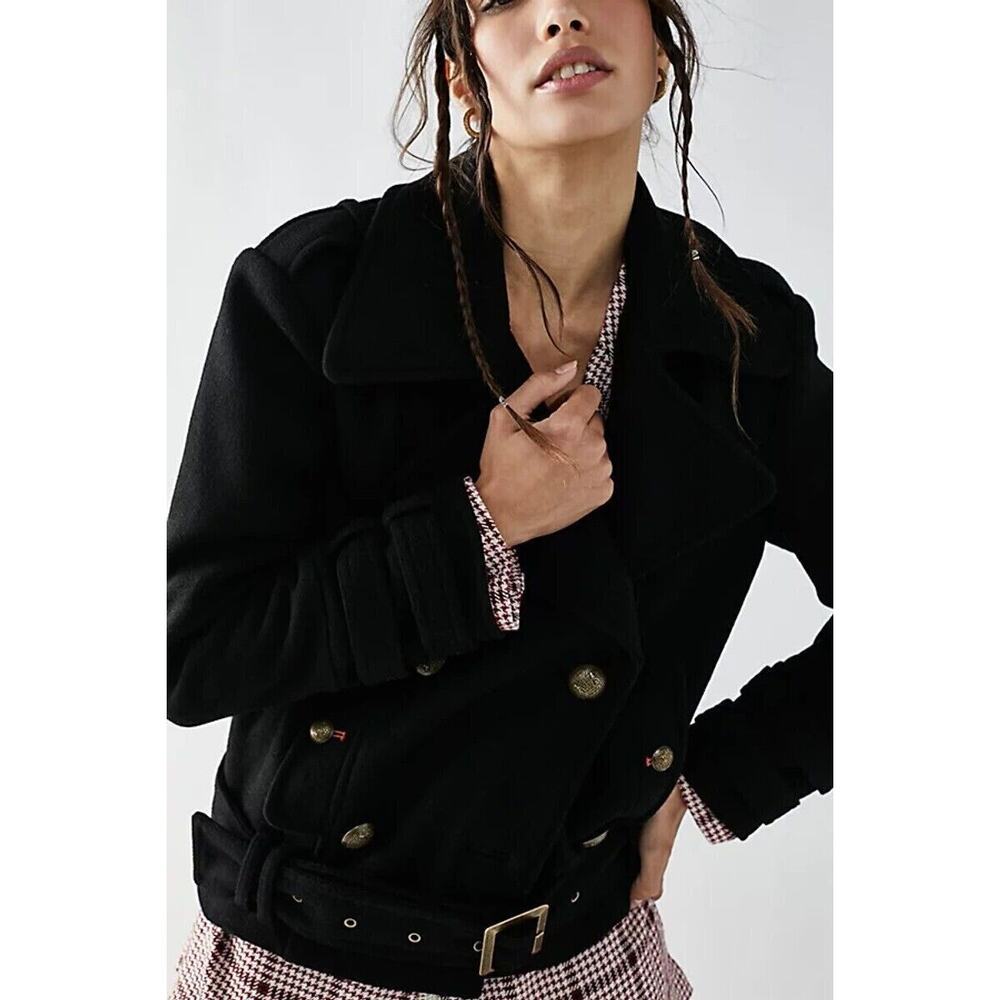 Free People Cecelia Peacoat Jacket Coat Button Front Buckle Detail Black Size M - Picture 3 of 15